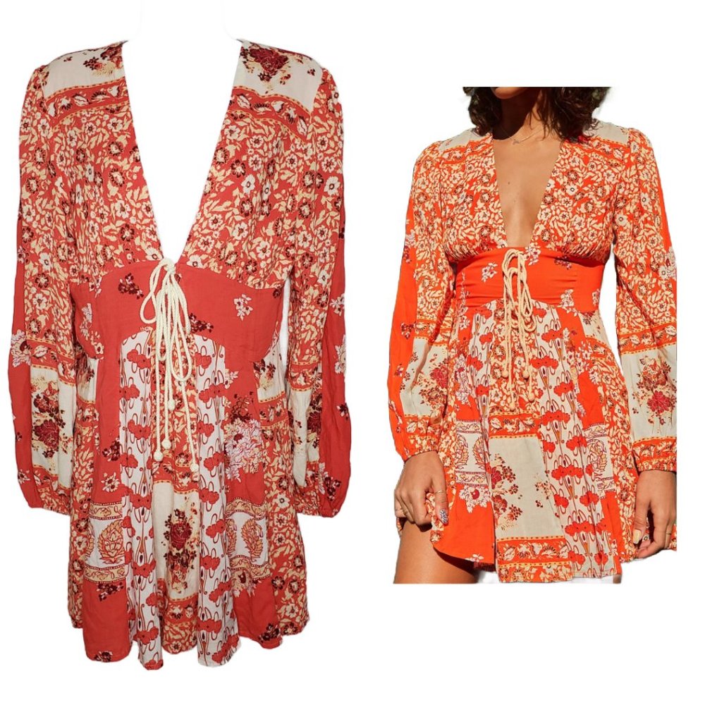 Free People Cream and Red Mini Dress with Lace-Up Detail